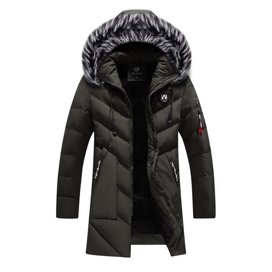 MONO//FIT men's winter jacket in green with faux fur hood and multiple pockets for warmth and style