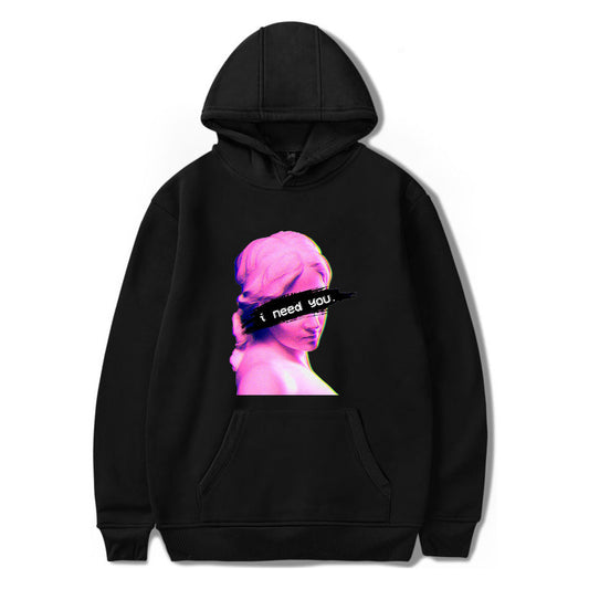Black minimalist men's hoodie featuring a vibrant graphic of a woman's silhouette and a text design