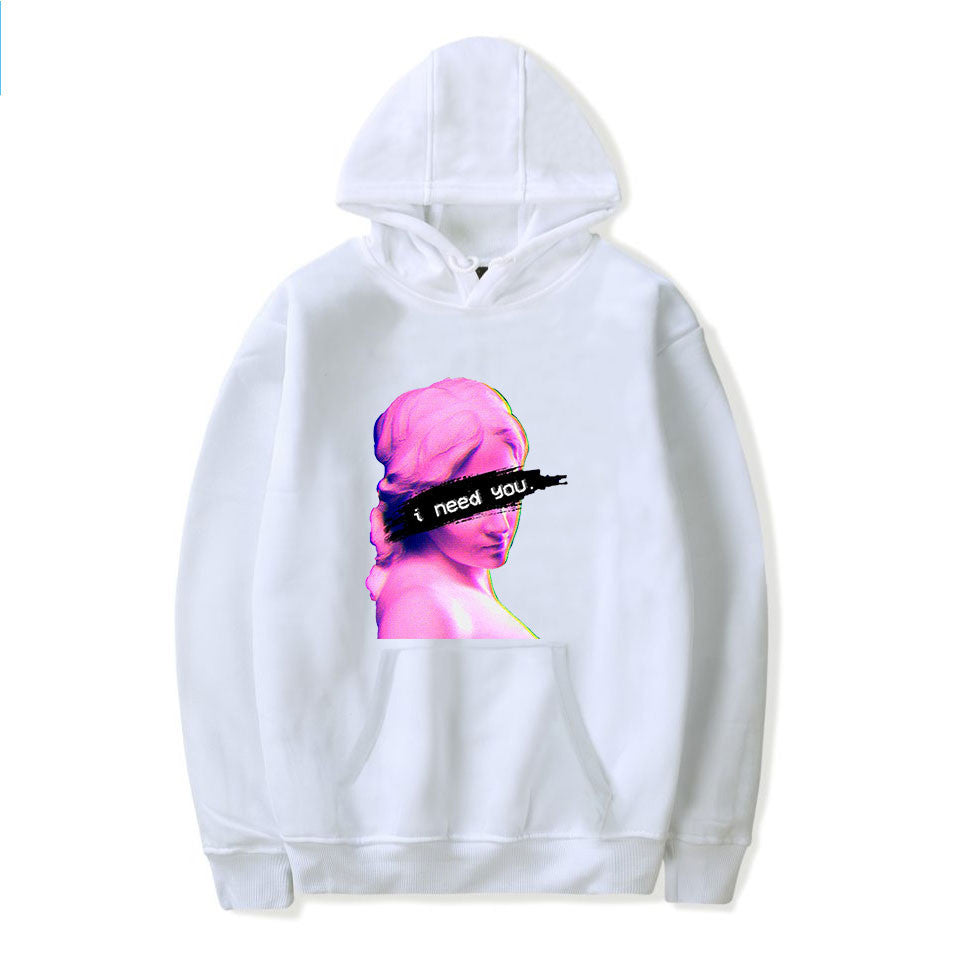 White minimalist men's hoodie featuring a vibrant graphic design and a front kangaroo pocket