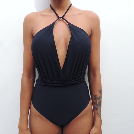 MONO//FIT black one piece swimsuit women with a plunging neckline and trendy halter design