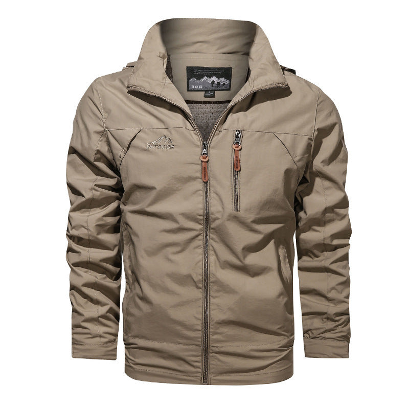 Stylish plus size men's hooded jacket in beige with multiple pockets and a zip front