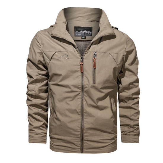 Stylish plus size men's hooded jacket in beige with multiple pockets and a zip front