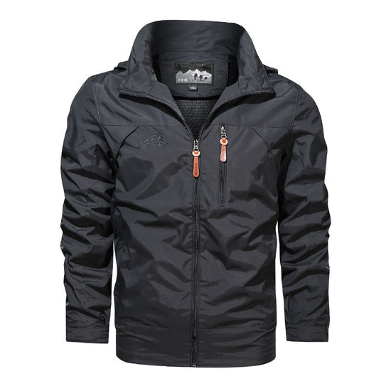 MONO//FIT plus size men's hooded jacket in black, featuring a zip-up front and adjustable hood