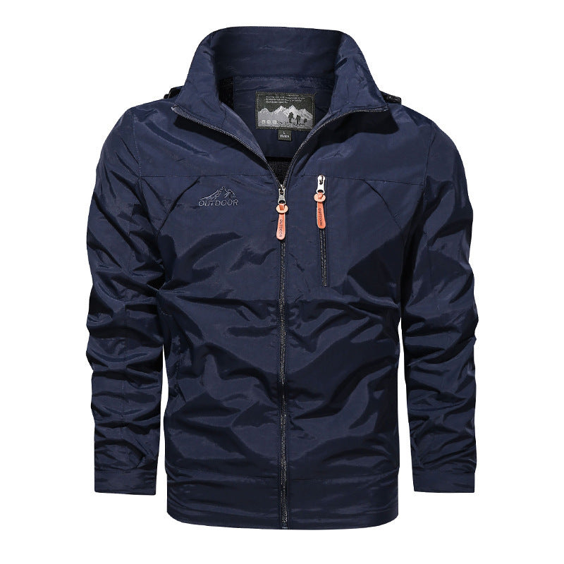 Navy plus size men's hooded jacket by MONO//FIT with adjustable zipper for outdoor comfort