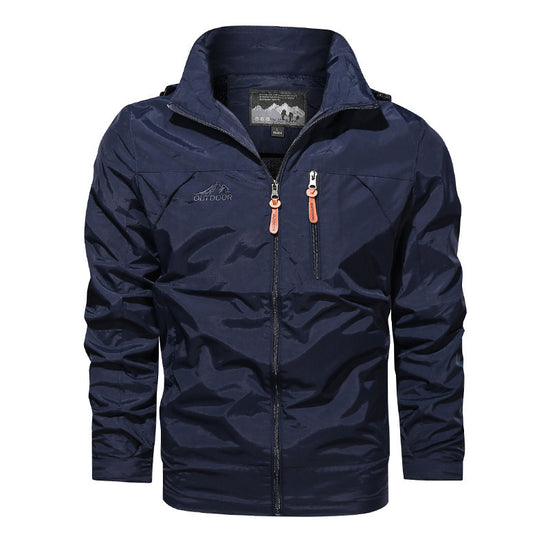 Navy plus size men's hooded jacket by MONO//FIT with adjustable zipper for outdoor comfort
