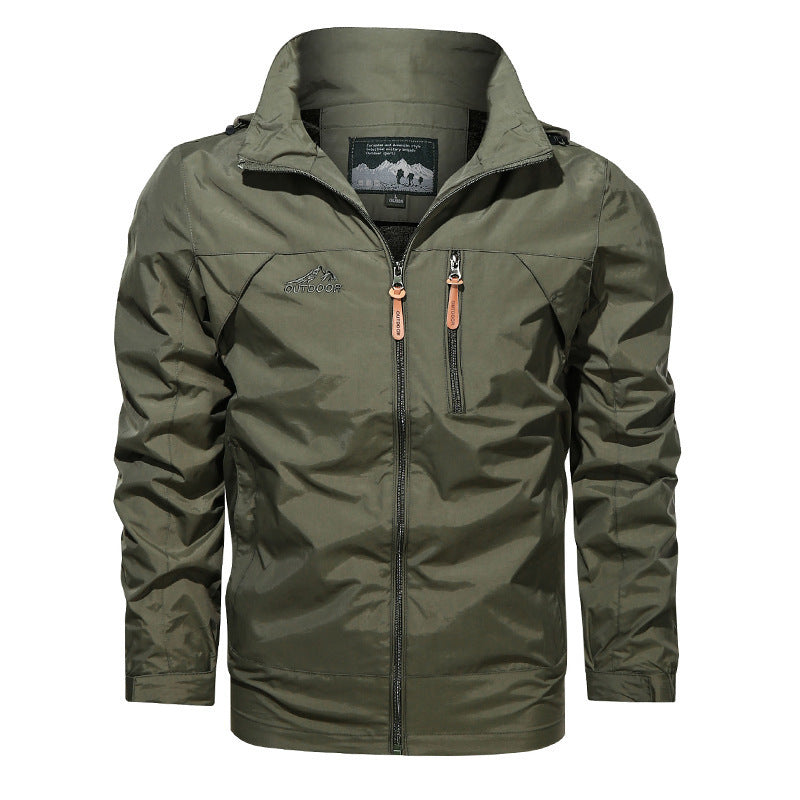 MONO//FIT plus size men's hooded jacket in olive green with zippered pockets and adjustable hood