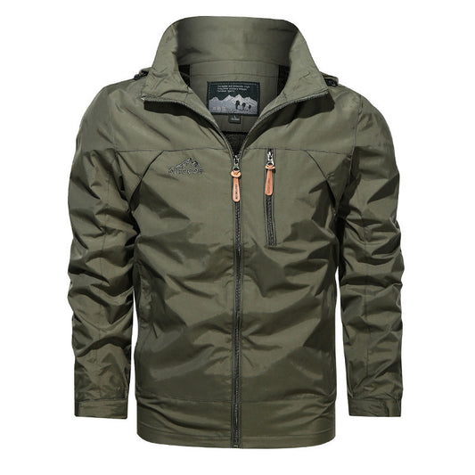 MONO//FIT plus size men's hooded jacket in olive green with zippered pockets and adjustable hood