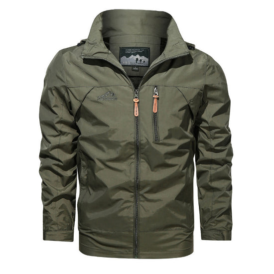 MONO//FIT plus size men's hooded jacket in olive green with zippered pockets and adjustable hood