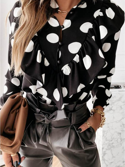 Elegant black and white polka dot blouse for women with ruffle detailing and button front