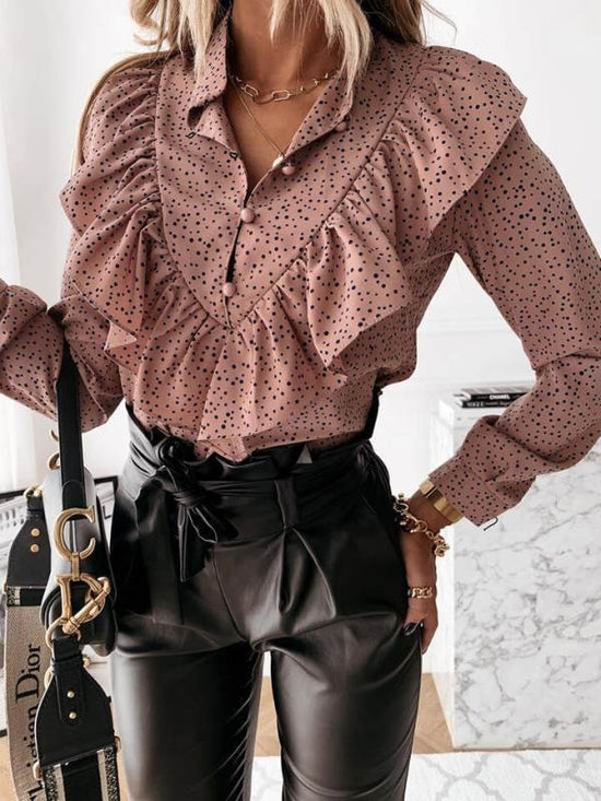 MONO//FIT Polka Dot Blouse for Women with Ruffle Details and Button Closure