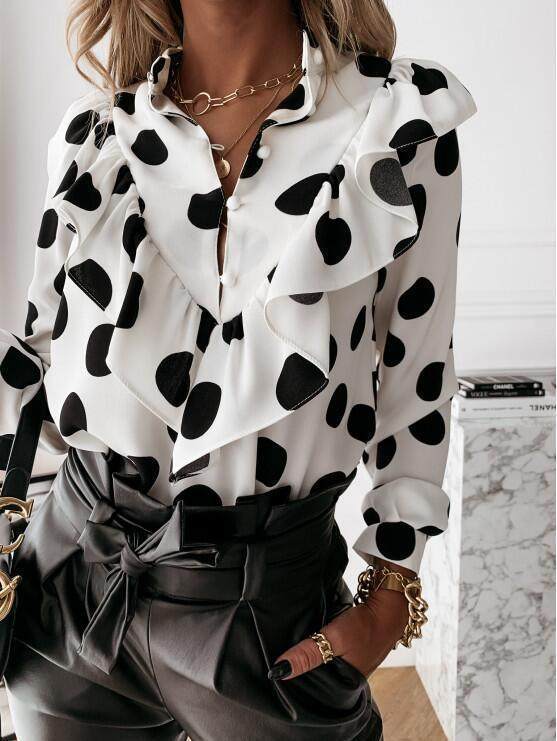MONO//FIT stylish polka dot blouse for women with ruffled details and buttoned front