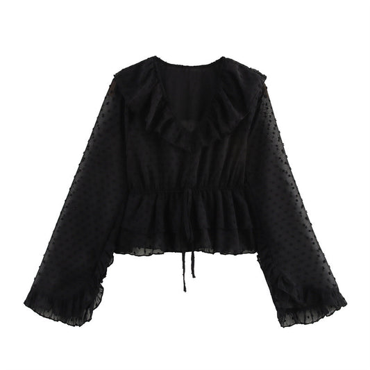 MONO//FIT Polka Dot Tulle Shirt in Black with Ruffled Neckline and Long Sleeves
