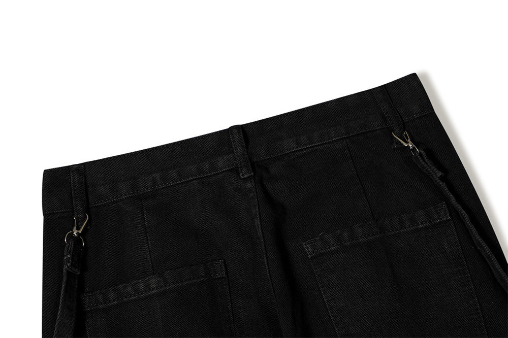 Black MONO//FIT punk flared jeans men with back pockets and adjustable straps