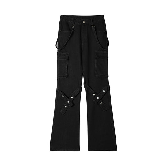 MONO//FIT punk flared jeans men in black with utility pockets and stylish straps