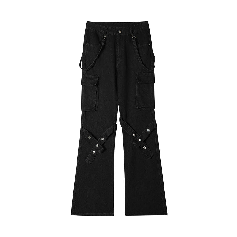 MONO//FIT punk flared jeans men with adjustable straps and cargo pockets in black