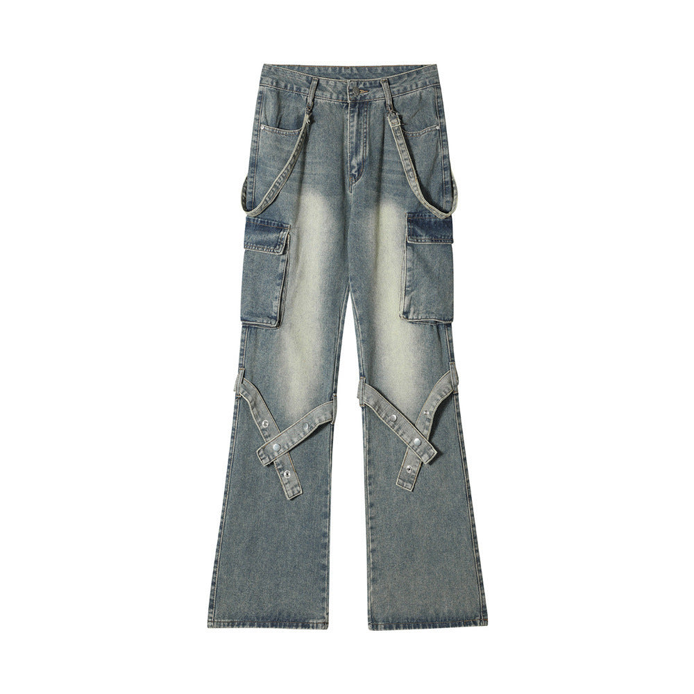 MONO//FIT punk flared jeans men with cargo pockets and unique belt details for a stylish look