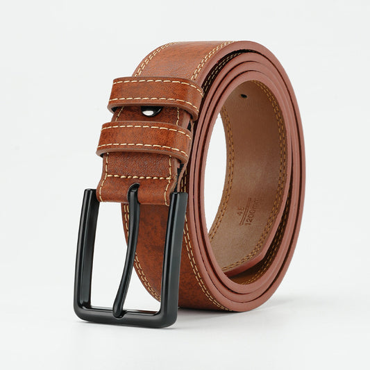 MONO//FIT Retro style leather belt in brown with double prong metal buckle and contrasting stitching
