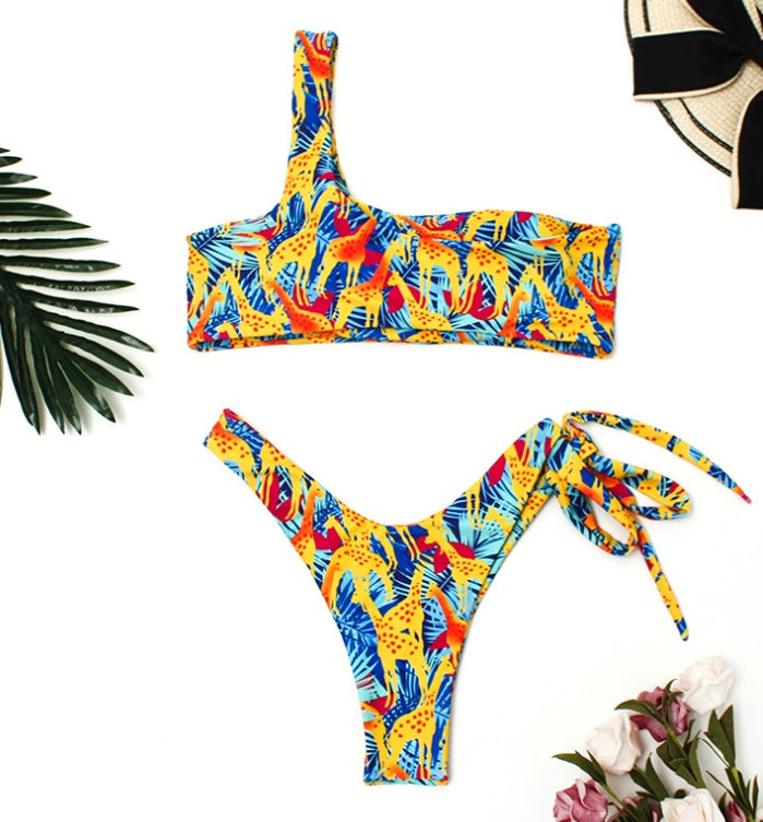 Colorful MONO//FIT sexy bikini swimsuit for women with one shoulder design and tie-side bottom