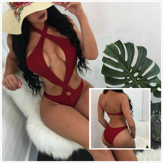 Stylish MONO//FIT sexy halter bikini swimwear featuring a bold cutout design in red
