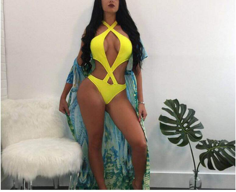MONO//FIT sexy halter bikini swimwear in bright yellow with stylish cutouts and a flowing cover-up