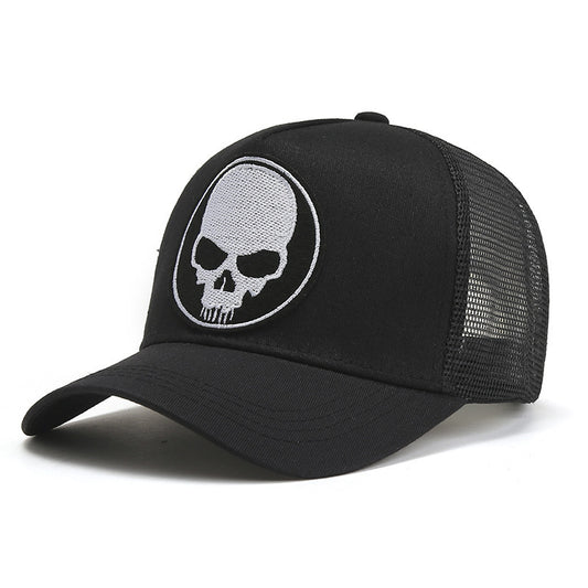 MONO//FIT black skull cap for men featuring a stylish skull graphic and mesh back design