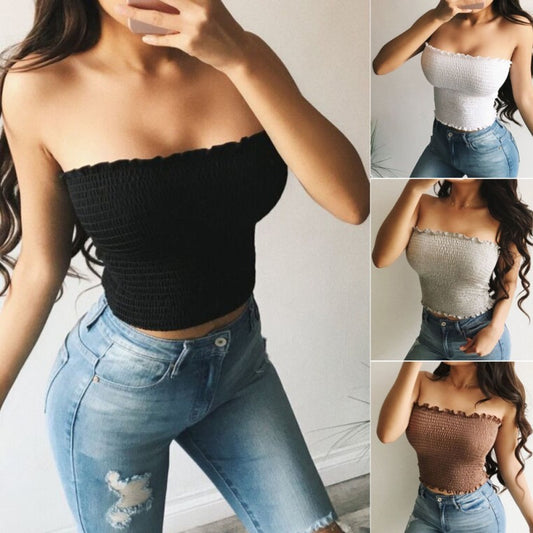 Fashionable MONO//FIT sleeveless crop top women in black, white, beige, and brown options