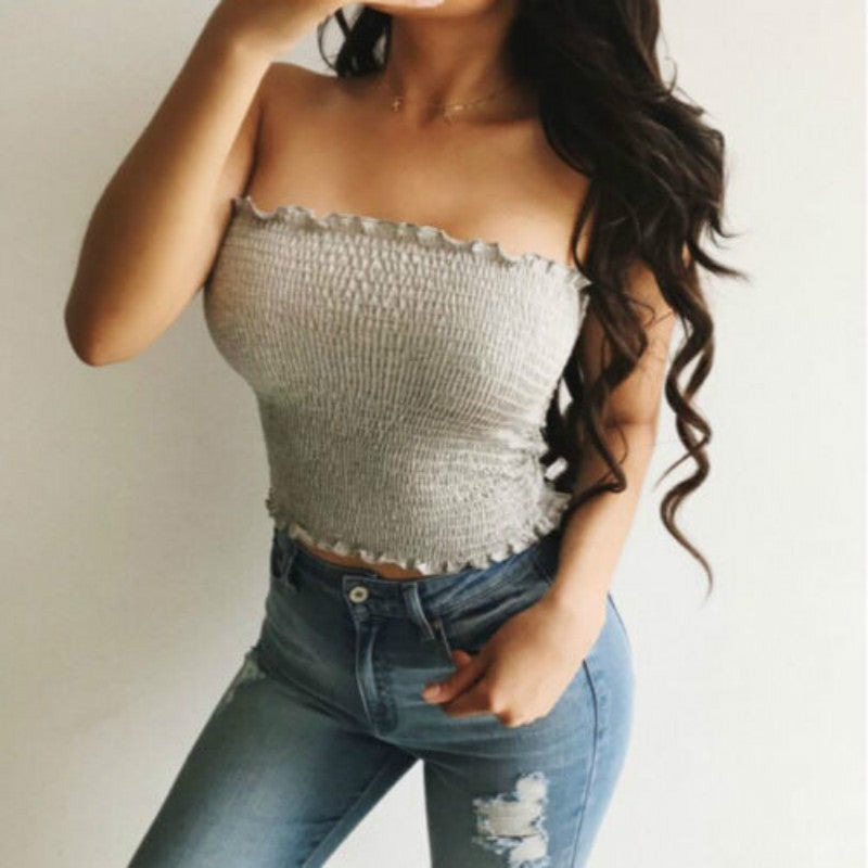 Grey smocked sleeveless crop top women with ruffled edges, perfect for summer outfits