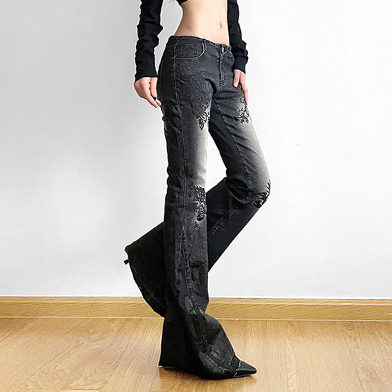 MONO//FIT Slimming Jeans for Women with Flared Legs and Floral Embroidery in Black