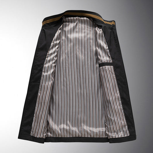 Inside view of MONO//FIT spring and autumn men's outerwear with stylish striped lining