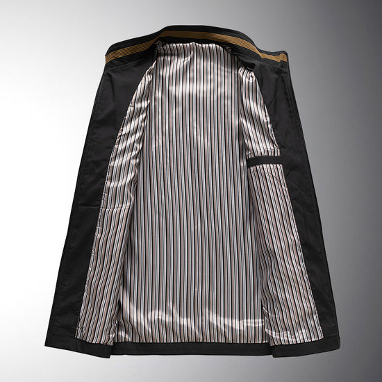 Inside view of MONO//FIT spring and autumn men's outerwear with stylish striped lining