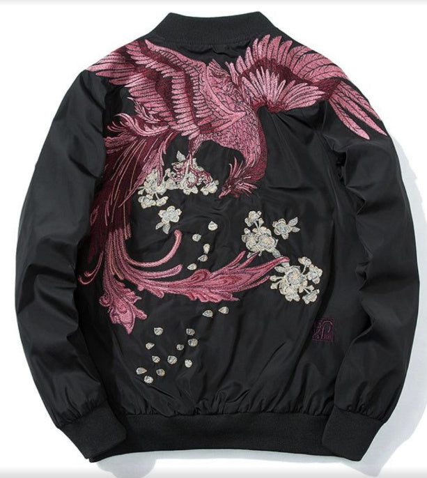 Stylish embroidered bomber jacket with intricate floral and bird designs on the back