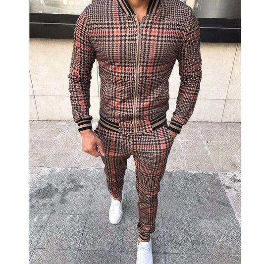 MONO//FIT Men's two-piece stylish grid leisure suits in brown with checkered pattern and zip-up jacket