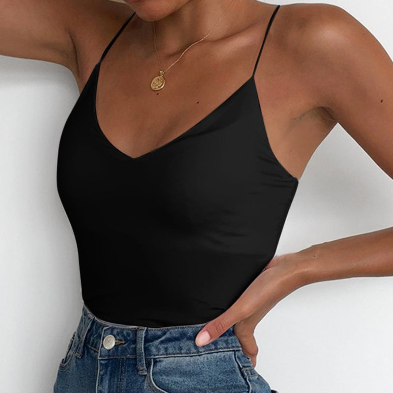 Stylish satin camisole for women in black with a flattering V-neck design