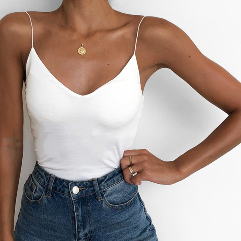 MONO//FIT stylish satin camisole for women in white, paired with high-waisted jeans