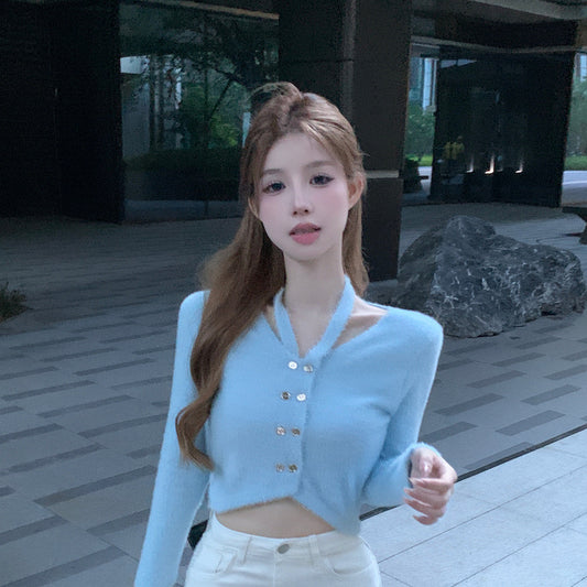Sky Blue Stylish Sweater Tops for Women with Button Detail and Off-Shoulder Design