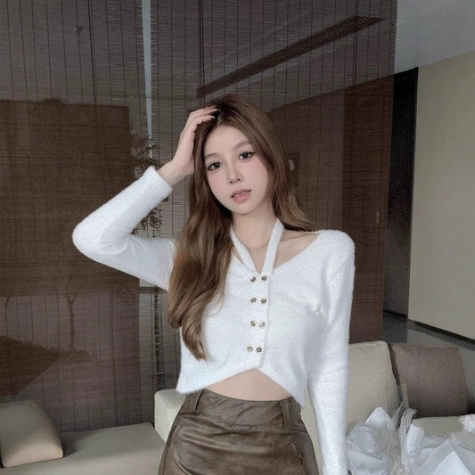 Chic white stylish sweater tops for women with a cozy design and button detail