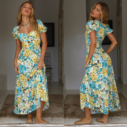 MONO//FIT Floral Summer Casual Dress for Women with Puff Sleeves and Flowing Skirt