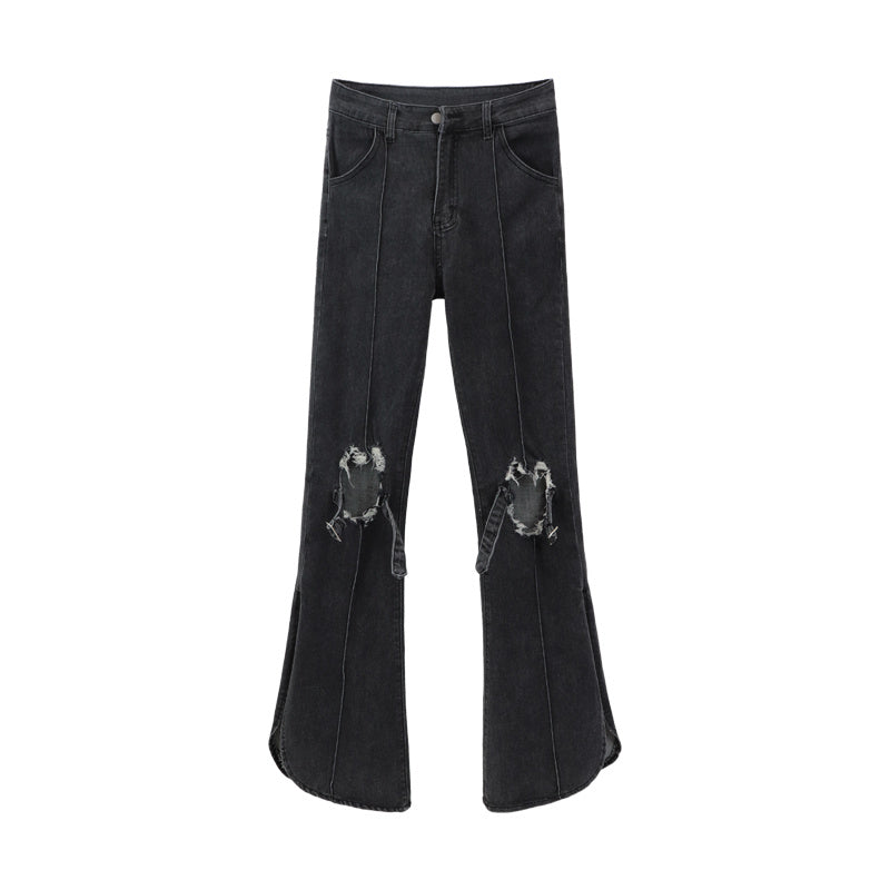 MONO//FIT trendy ripped jeans women in black with wide flared legs and distressed details