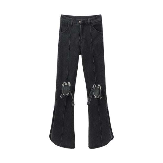 MONO//FIT trendy ripped jeans women in black with wide flared legs and distressed details
