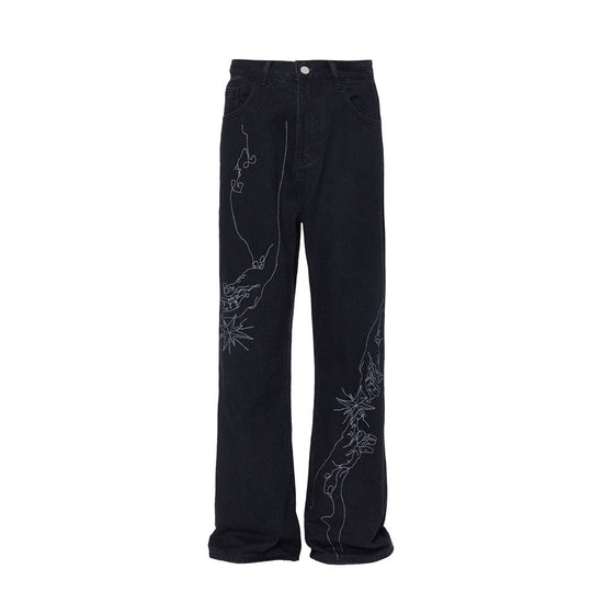MONO//FIT straight fit embroidered jeans in black with unique floral designs along the seams