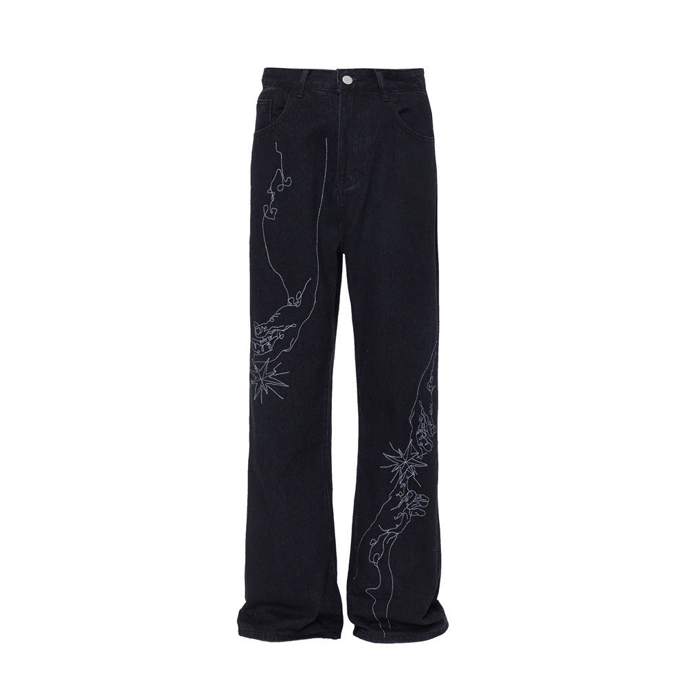 MONO//FIT straight fit embroidered jeans in black featuring unique floral embroidery design