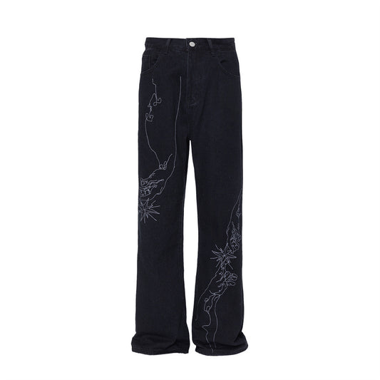 MONO//FIT straight fit embroidered jeans in black featuring unique floral embroidery design