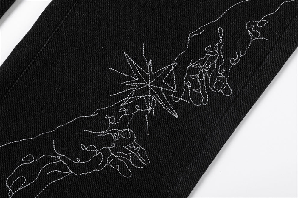 MONO//FIT men's straight fit embroidered jeans featuring intricate hand embroidery detail