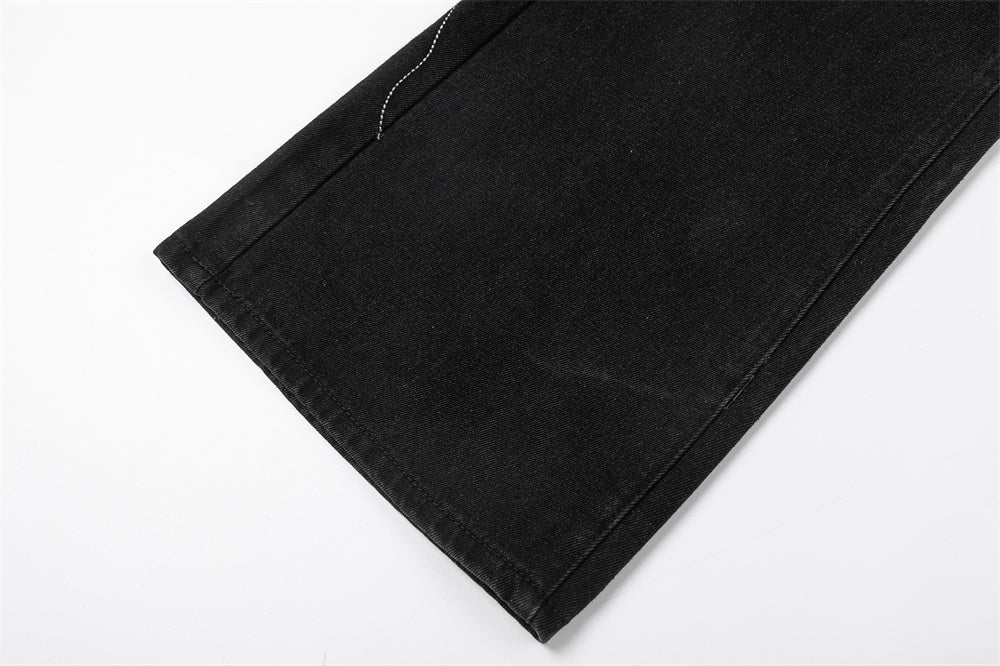 Black MONO//FIT straight fit embroidered jeans with detailed hem design for stylish everyday wear