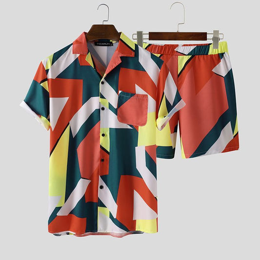 MONO//FIT Vintage Hawaiian suits featuring bold geometric patterns in vibrant colors for a stylish summer look