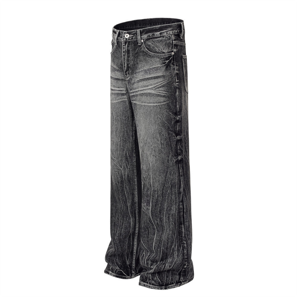 MONO//FIT water ripple jeans men in black with a stylish wide-leg design and distressed finish
