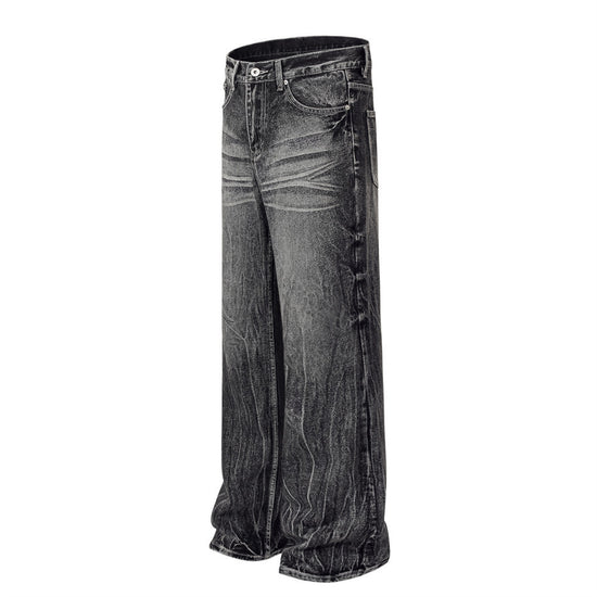 MONO//FIT water ripple jeans men in black with a stylish wide-leg design and distressed finish