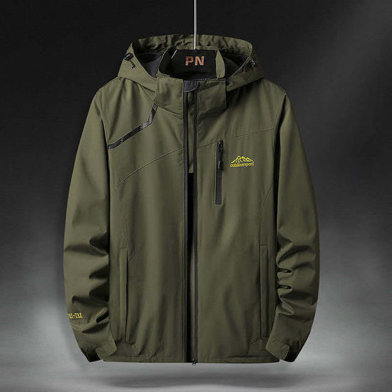 MONO//FIT waterproof jacket for winter in olive green with adjustable hood and zippered pockets