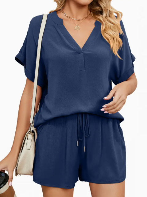 MONO//FIT women's casual summer set in navy with a relaxed fit and drawstring shorts