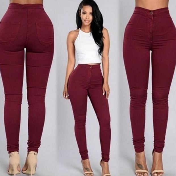 MONO//FIT women's elastic jeans in burgundy with a high waist and sleek fit